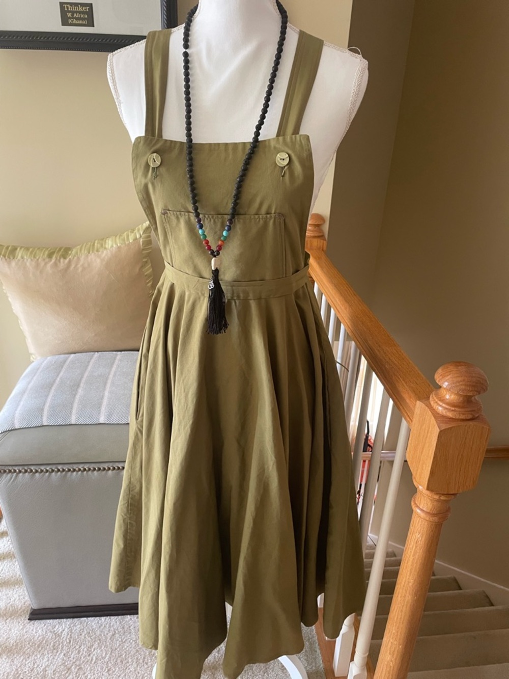 Olive Green Pinafore Midi Dress with Wide Straps -EUC - Picture 3 of 9
